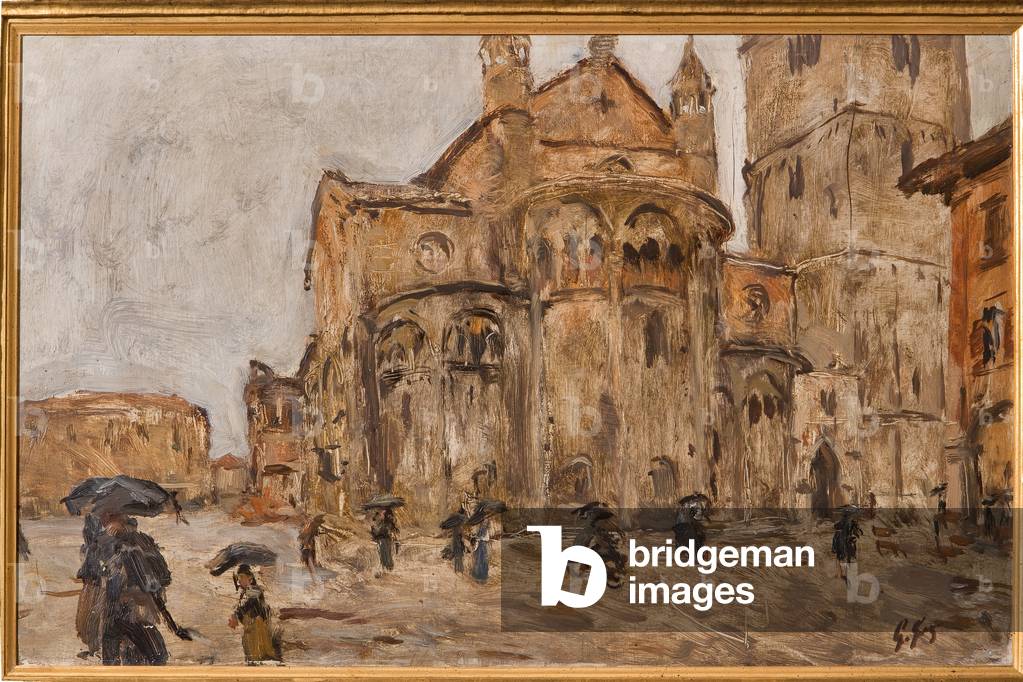 Piazza Grande in the Rain (oil on plywood)