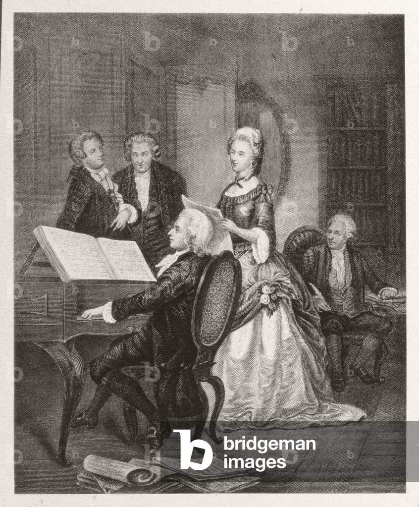 Wolfgang Amadeus Mozart and the Austrian soprano Caterina Maddalena Giuseppa Cavalieri, born Katharina Magdalena Josepha Cavalier (engraving)