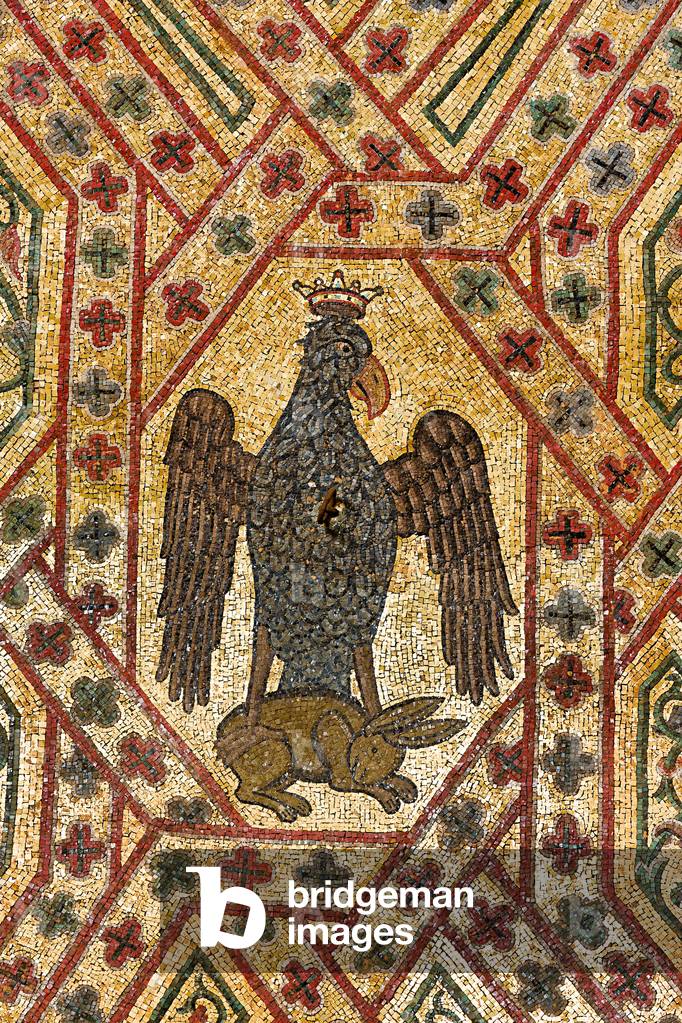 Palermo, The Royal Palace or Palazzo dei Normanni (Palace of the Normans), Pisana Tower, the King Roger Room: detail of the decoration of the vault with mosaics of animals These mosaics date back to the period of Frederick II Detail with an eagle gripping a rabbit