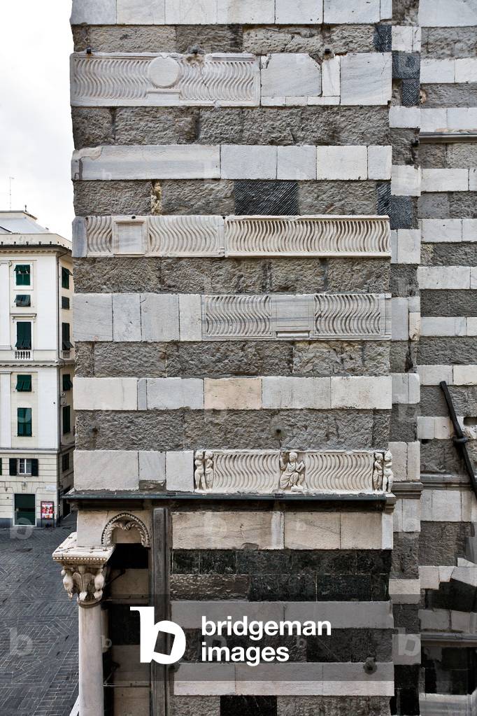 Genoa, Duomo (St Lawrence Cathedral),: detail of the south side of the Cathedral with fronts of Roman sarcophagi