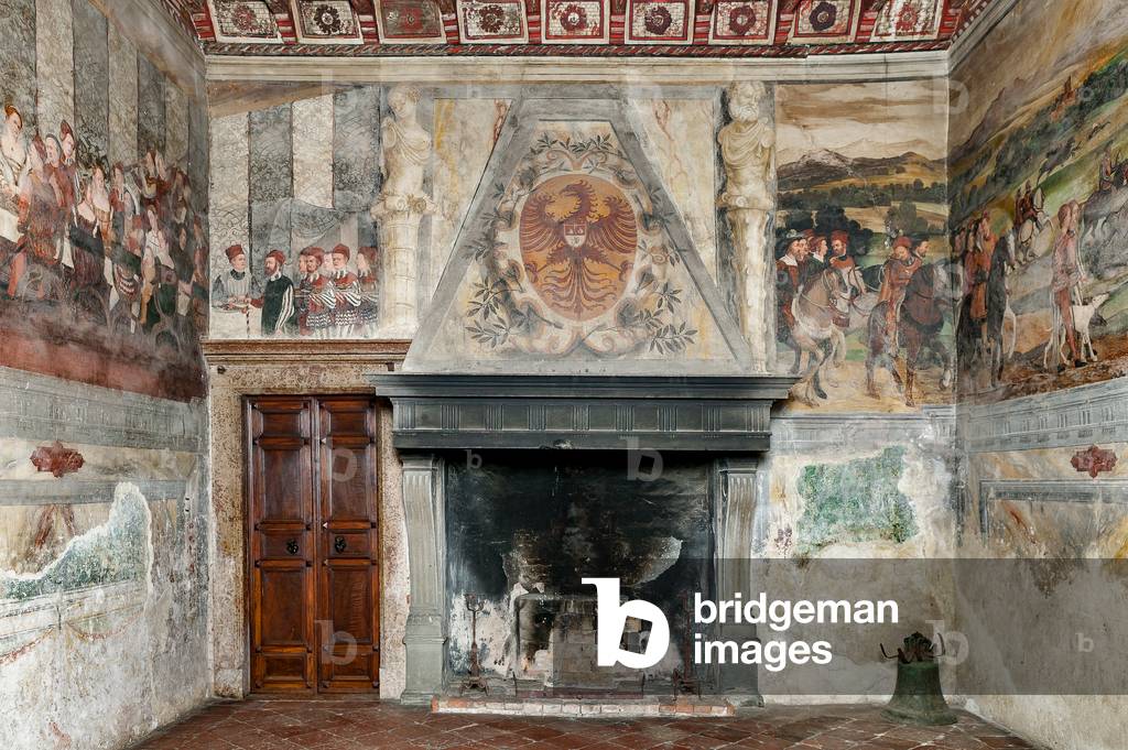 Detail with fireplace of the Visit of Christian I of Denmark to Bartolomeo Colleoni, Hall of Honour, 1474 (fresco)