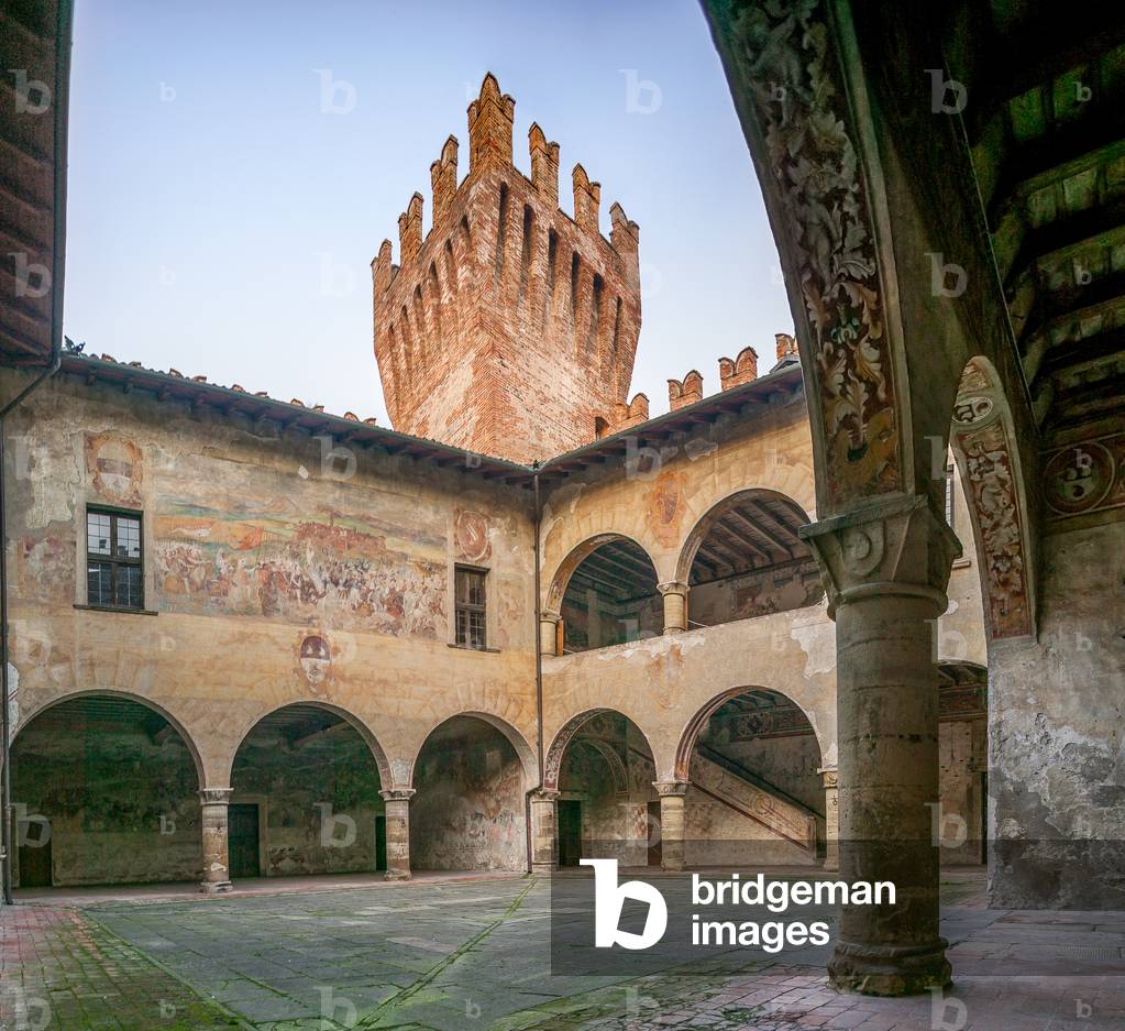 Courtyard and the fresco depicting the Battle of Riccardina by Romanino, Malpaga Castle, Cavernago, Bergamo, Italy (photo)
