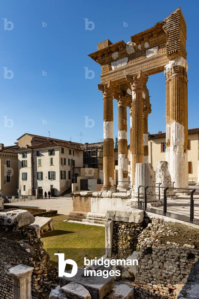 Brescia, the archaeological area of the Capitolium in the ancient Brixia, Unesco heritage since 2011: the Roman Forum and the Capitolium (73 BC), a temple dedicated to the Capitoline triad (Jupiter, Juno and Minerva).