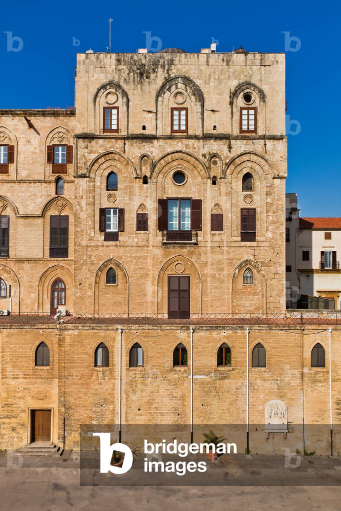 View of the North-East Facade of the Pisan Tower, The Royal Palace or Palazzo dei Normanni (Palace of the Normans), Palermo, Sicily, Italy (photo)