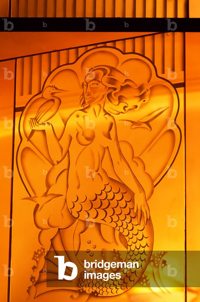 Detail of peach coloured art deco mirror of exotic fantasy mermaid at Rogano fish restaurant and bar, 1935 (acid etched glass)