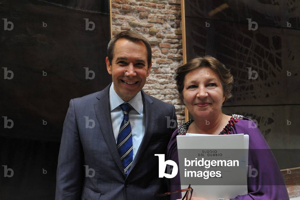 Inauguration in Venice of the exhibition “” Elogio del Dubbio”” (In Praise of Doubbio) at Punta della Dogana on April 8, 2011: The Artist Jeff Koons with the Exposition curator Caroline Bourgeois -