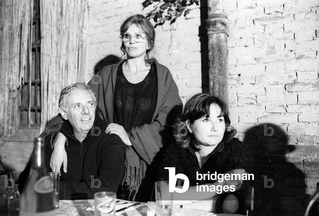 Venice 1977 portrait of Italian playwright Dario Fo, with his wife actress Franca Rame.