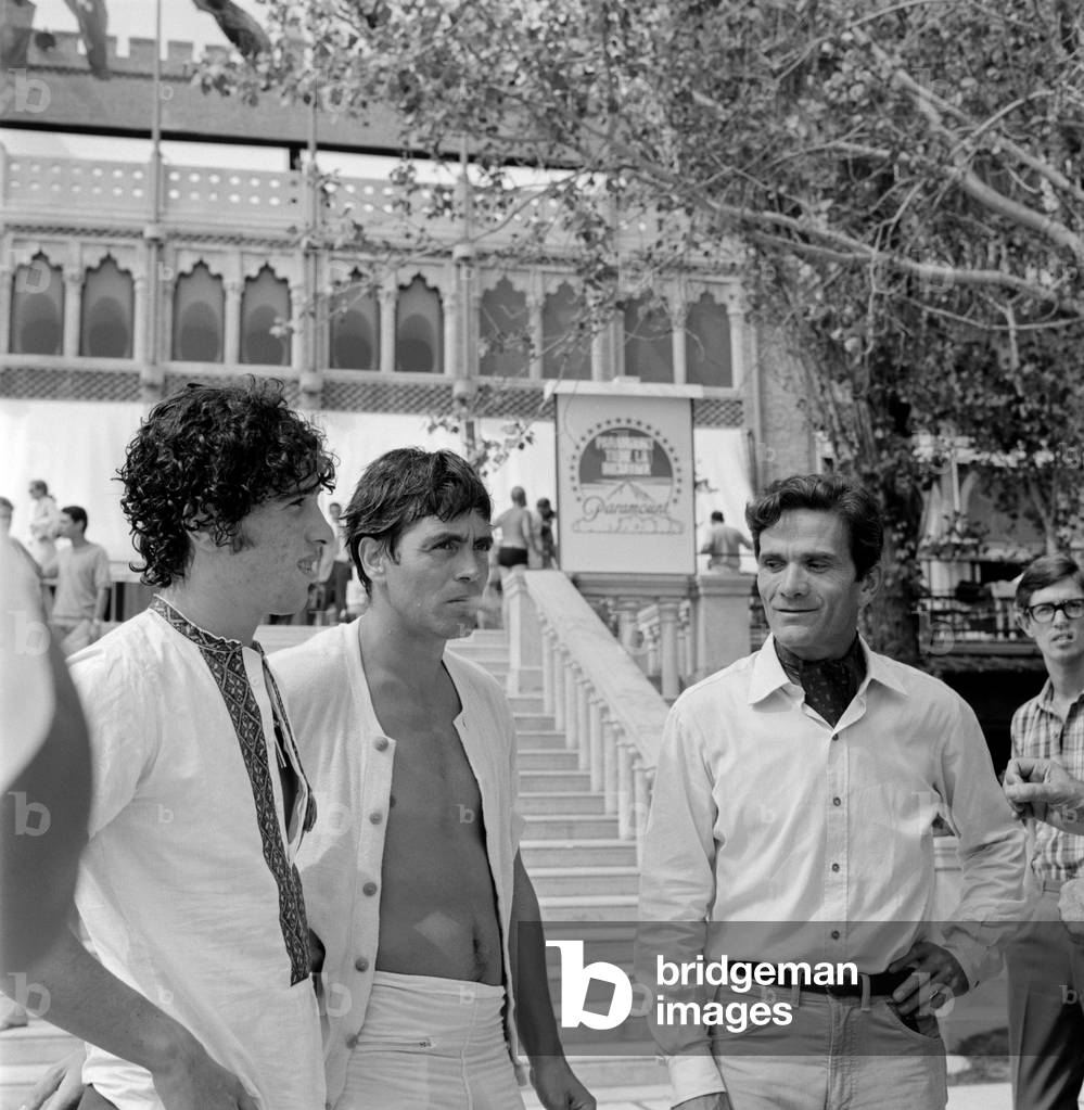 Pierpaolo Pasolini with Franco Citti and Ninetto Davoli, International Film Festival, Venice, Italy, 1967 (b/w photo)