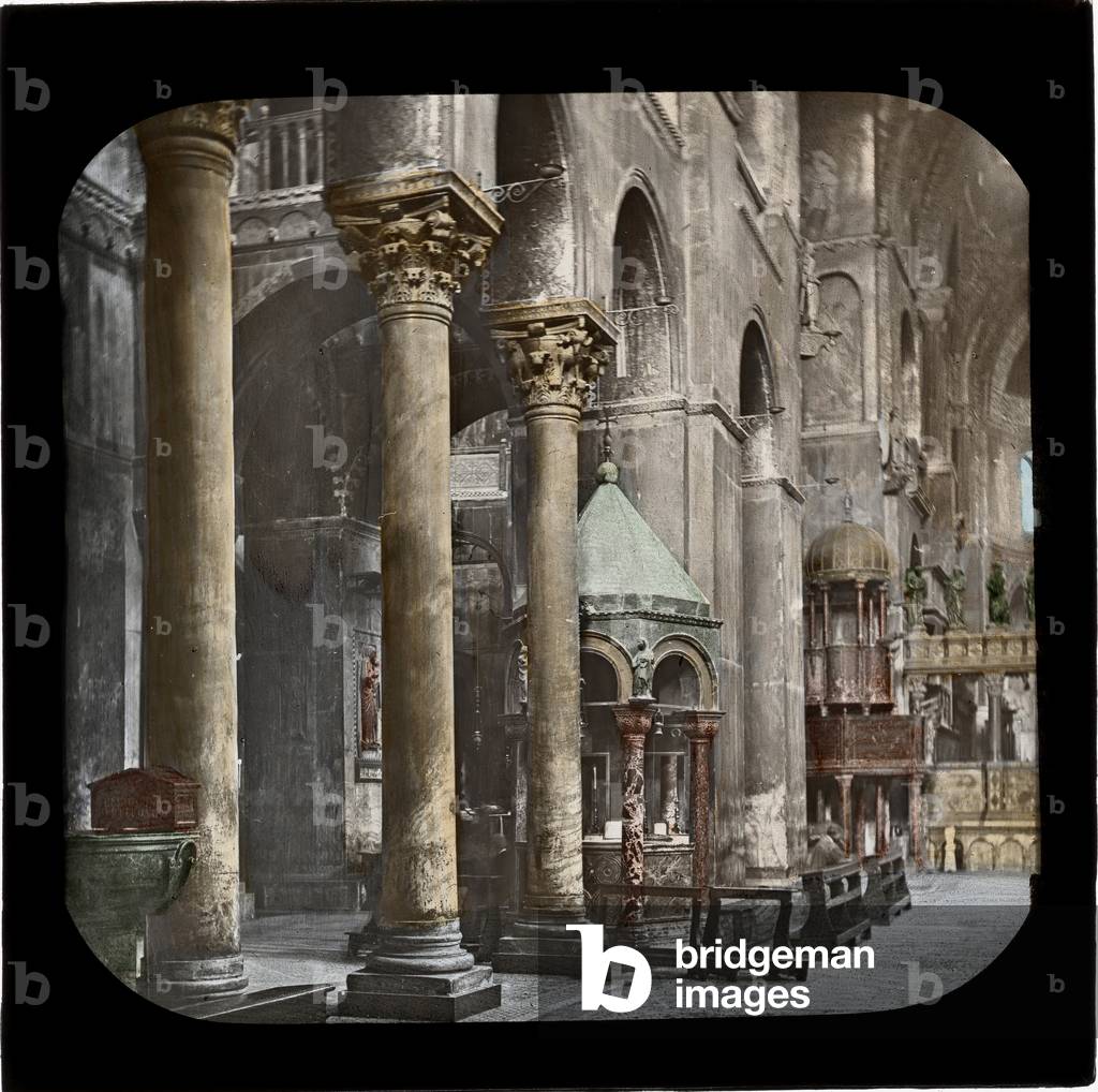 Venice view from the interior of the Basilica of San Marco. Coloured photography on glass plate. 19th century Dim. 8,2x8,2 cm