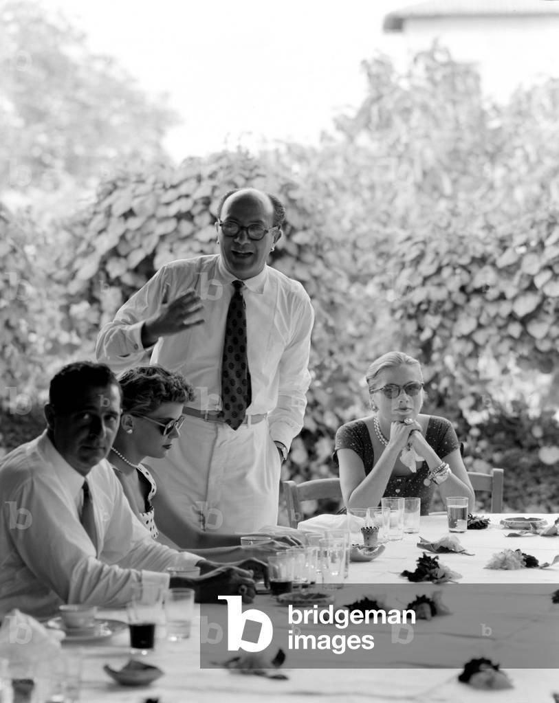 THE ACTRESS JOAN FONTAINE WITH THE MINISTER GIOVANNI PONTI AT “” LOCANDA CIPRIANI”” IN TORCELLO (VENICE) - 1950