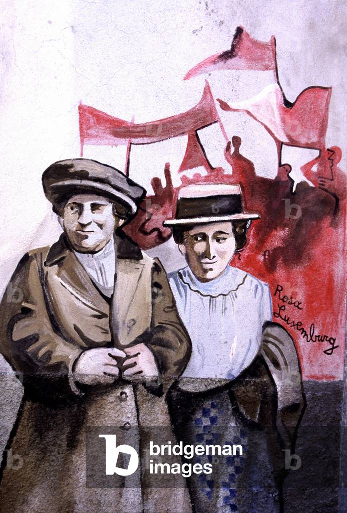 View of the murals of the houses of the town of Orgosolo in Sardinia: portrait of the German revolutionary and communist activist Rosa Luxemburg (or Luxembourg, 1870-1919), co-founder of the Spartakist movement (Spartakism or German Social Democrat Party).