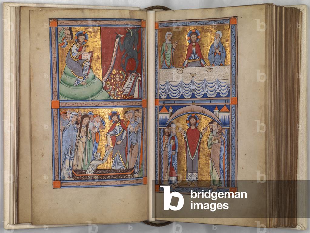 Christ's Temptation, His Raising of Lazarus, Christ's Breaking of Bread at Emmaus, His Appearance to the Disciples, from the Hunterian Psalter, c.1170 (pen & ink, and tempera on vellum)