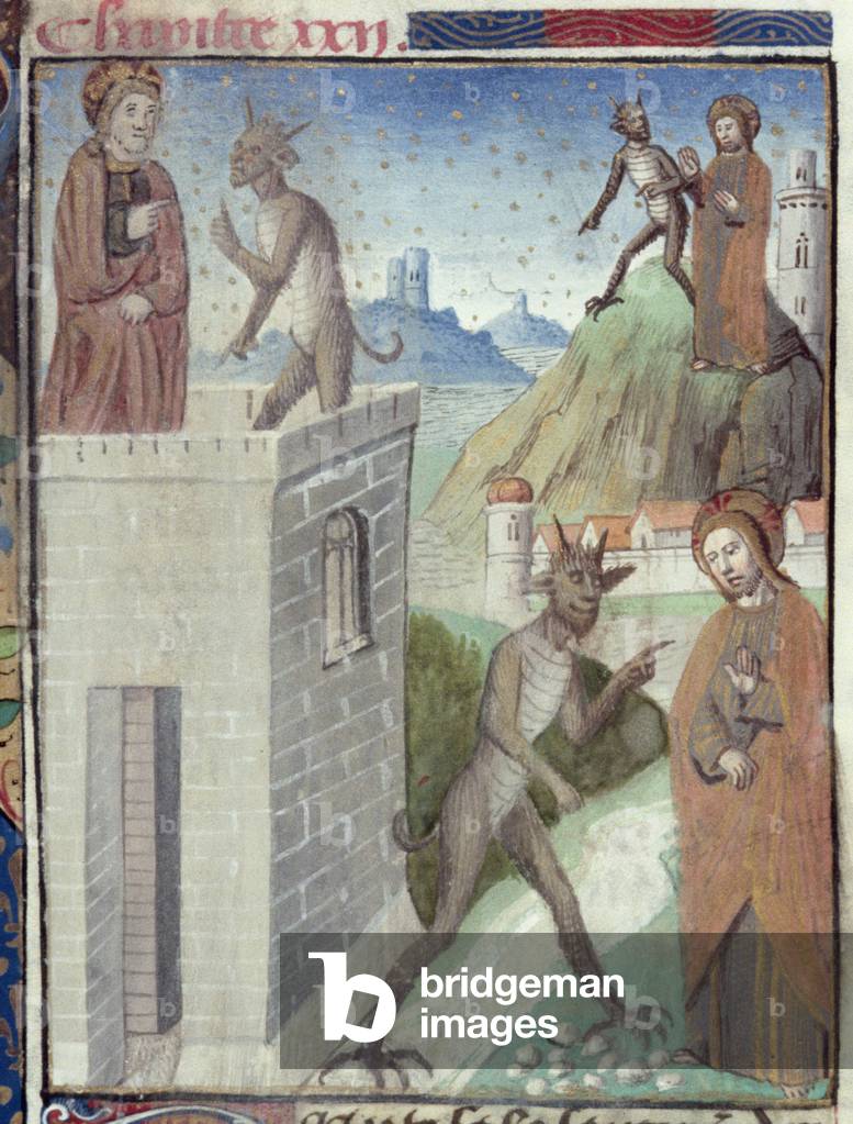 Ms Hunter 36 f.110r The Three Scenes of the Temptation, from Vita Christi, by Ludolf of Saxony, c.1300-77/78 (vellum)