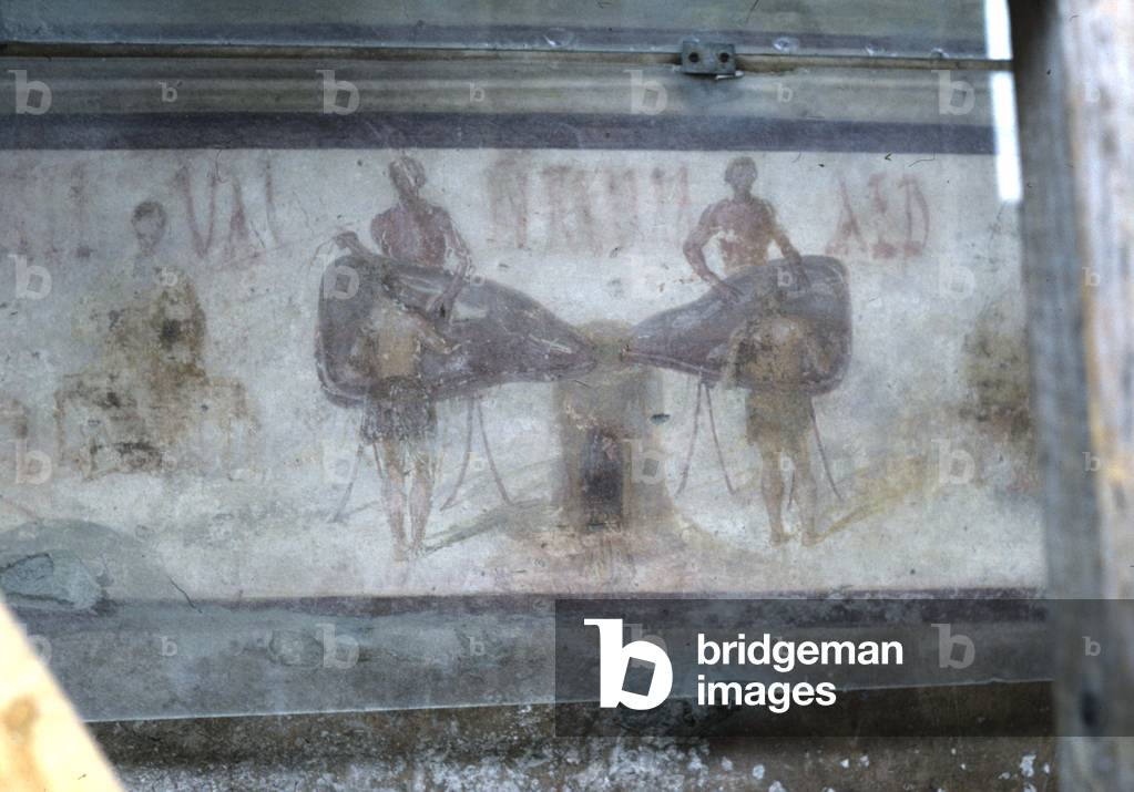 Pompeii, fresco depicting wine being poured from leather skins or men operating bellows, Roman, Italy (photo)