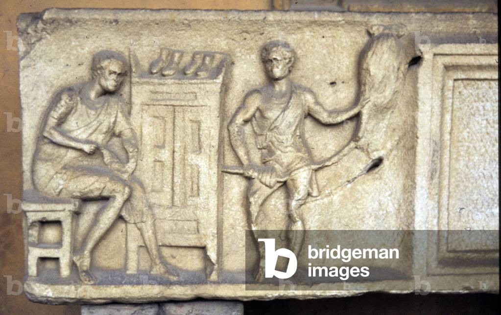 Roman relief of shoemaker and wool spinning (right)