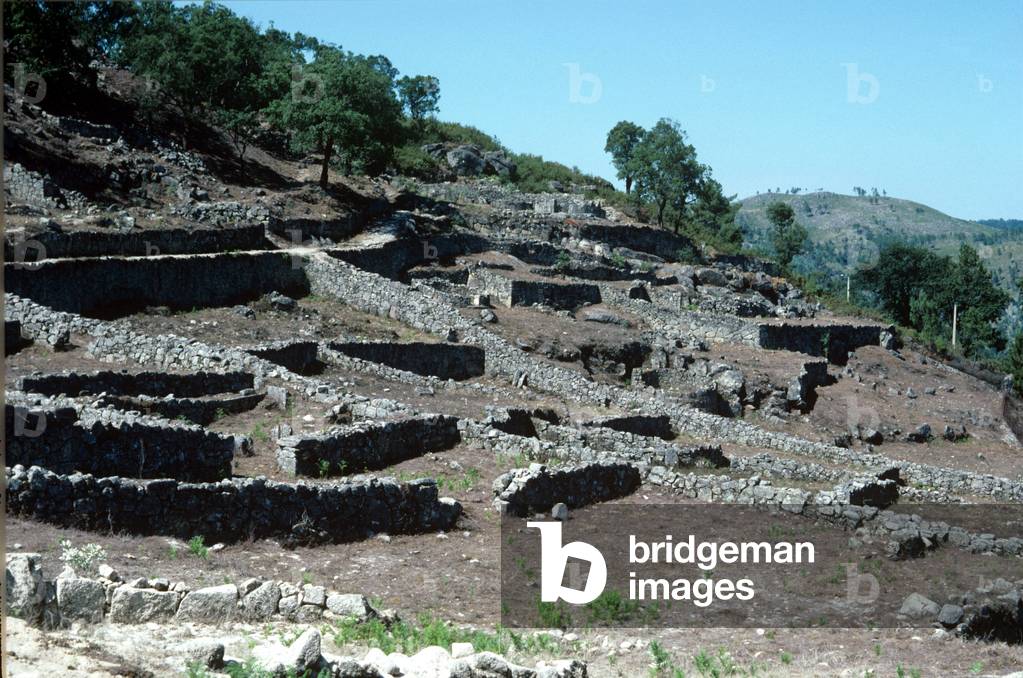 Briteiros, Portugal, General view of early Celtic site, c600-500 BC, with ground plan of dwellings and road (photo)