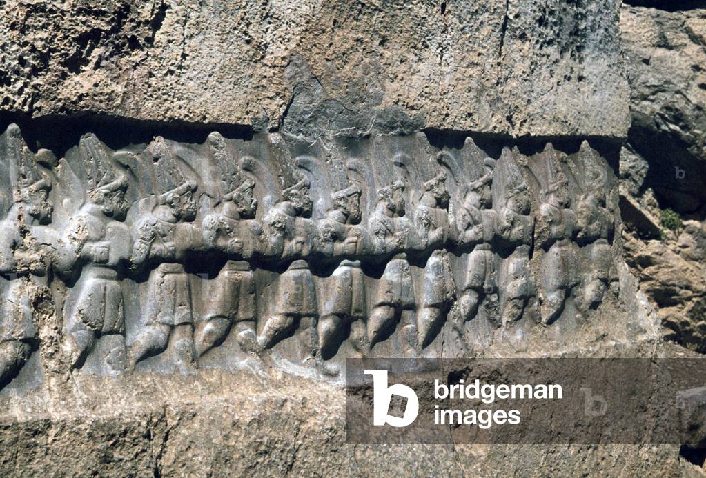 Hittite site, Hattusa, Bogazkale, Yazilikaya relief showing guardian gods (photo)