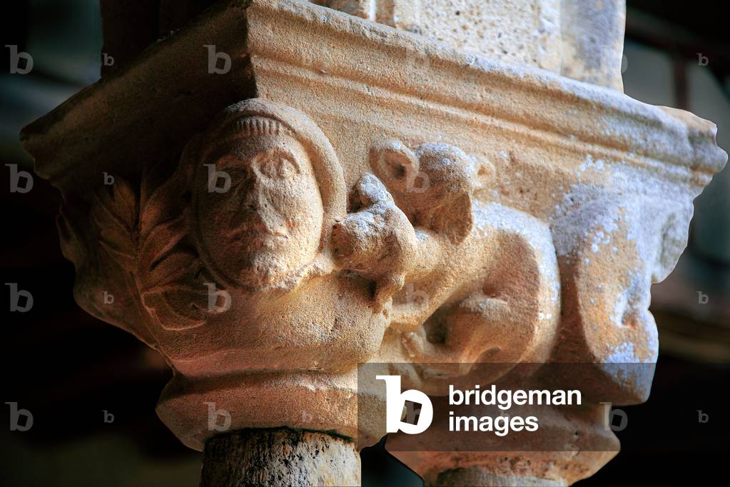 France, Gers, department 32, Cistercian Abbey of Flaran, located in Valence-sur-Baise, Romanesque church founded in 1151, historical monument class, Gothic cloister of the 14th century with capitals with foliage and mask