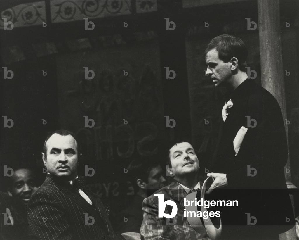 Bob Hoskins as Nathan Detroit, David Healy as Nicely-Nicely Johnson and Ian Charleson as Sky Masterson in 'Guys and Dolls' at the National Theatre, 1982 (b/w photo)