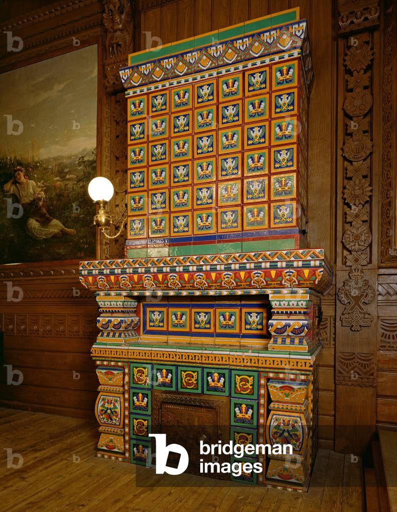Stove decorated with tiles commissioned at the St. Petersburg workshop of Leonard Bonafedes 19th