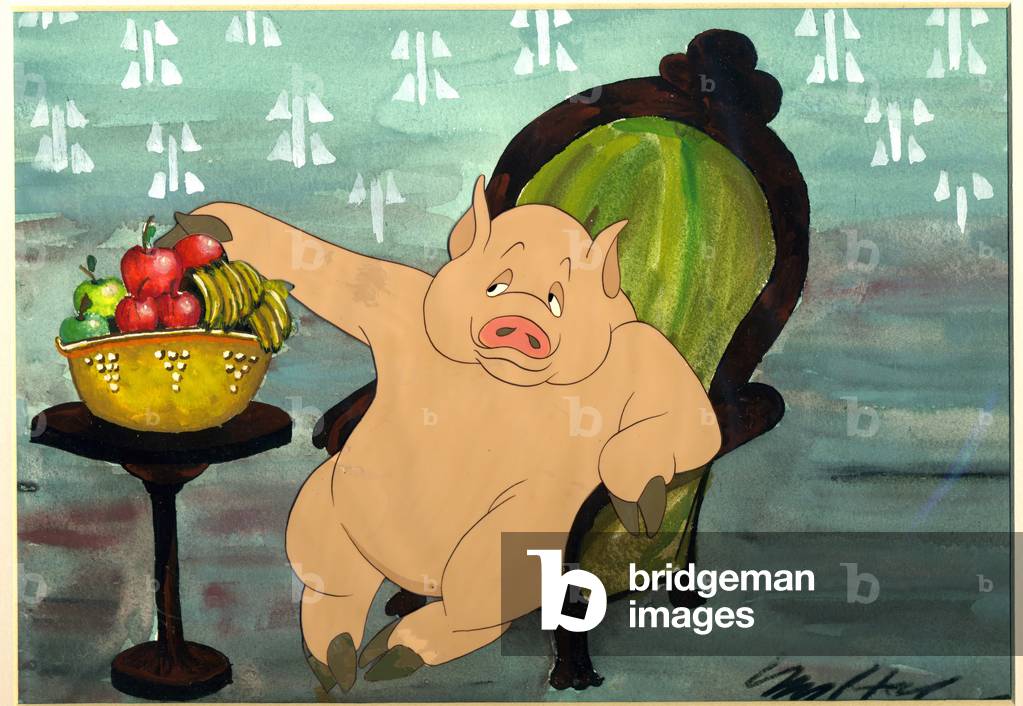 The pigs had plenty while the animals starved, scene from the animated film of 'Animal Farm' adapted from the book by George Orwell (1903-50), 1954 (animation cel)