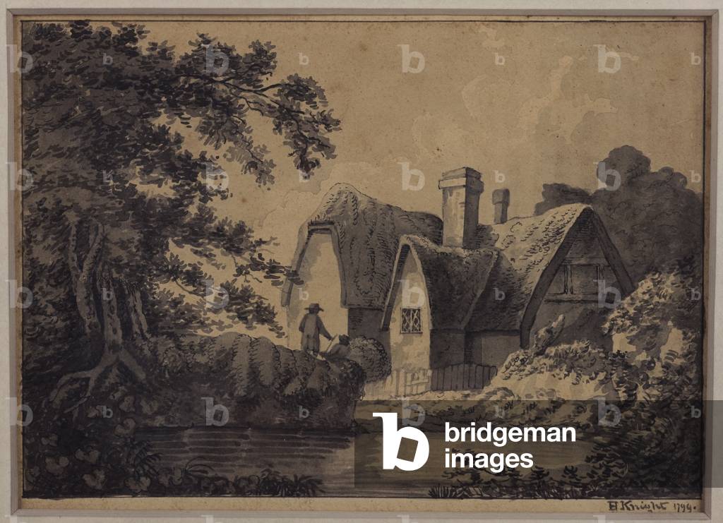 Two by a cottage in a landscape, 1799 (pencil, ink & wash on paper)