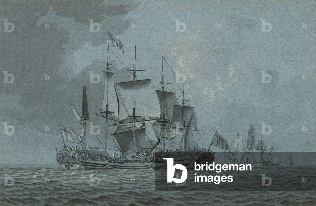 An Admiralty yacht coming alongside a man-o-war which has hove-to to await her arrival, with other vessels beyond (pen & ink heightened with white chalk on paper)