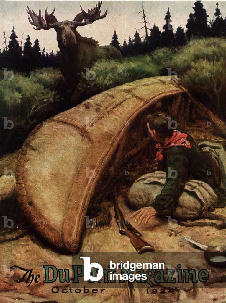 Moose attack!, front cover of the 'DuPont Magazine', October 1924 (colour litho)