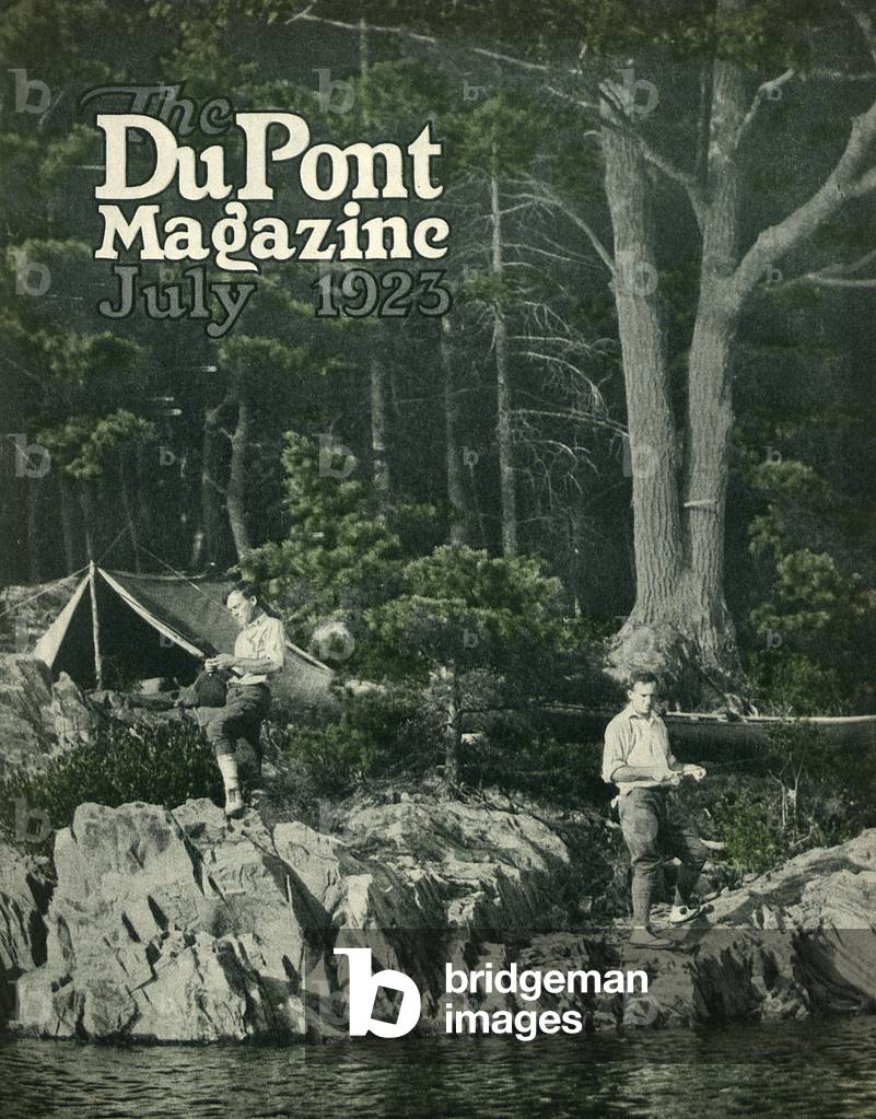 Pyralin goes fishing, front cover of the 'DuPont Magazine', July 1923 (colour litho)