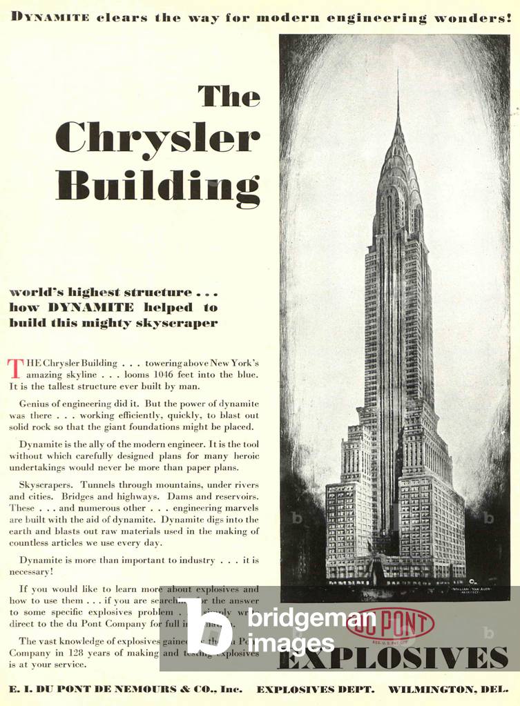 Advertisement featuring the The Chrysler Building, from the 'DuPont Magazine', May 1930 (colour litho)