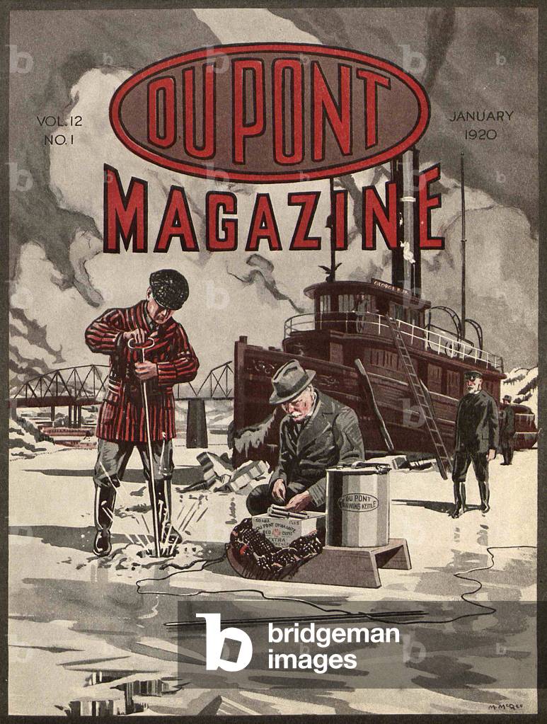 DuPont Dynamite, front cover of the 'DuPont Magazine', January 1920 (colour litho)