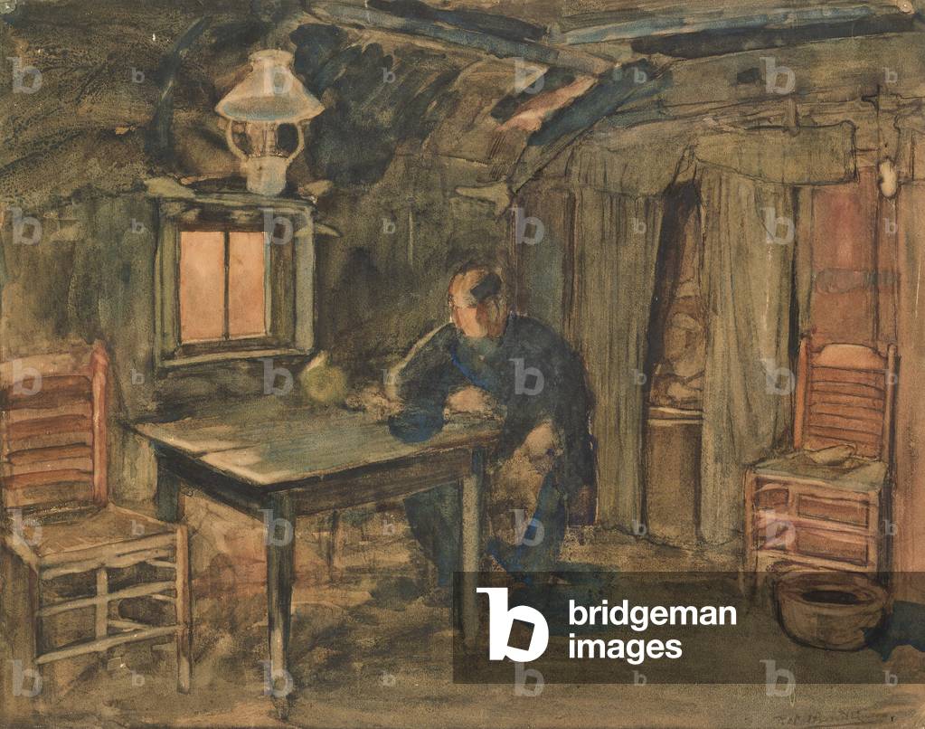Bild von Zeichnung "Hannes van Nistelrode Sitzend in seinem Bauernhaus", 1904 von Piet Mondrian