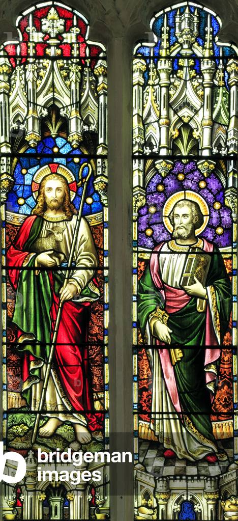 The Good Shepherd and St. Peter, Simon Peter, stained glass window by E.. R. Suffling, late 19th century, Fakenham, Norfolk (photo)