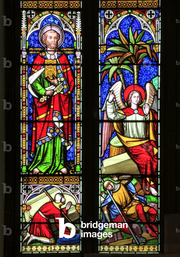St. Peter, with keys to Heaven, resurrection scene, angel, stained glass window by William Wailes, 1853, Swaffham, Norfolk, England, UK