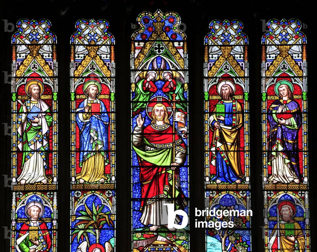 The Resurrection of Jesus Christ, St. Matthew, Mark, Luke, John, Peter and Paul, stained glass window by William Wailes, 1853, Swaffham, Norfolk, England, UK, detail