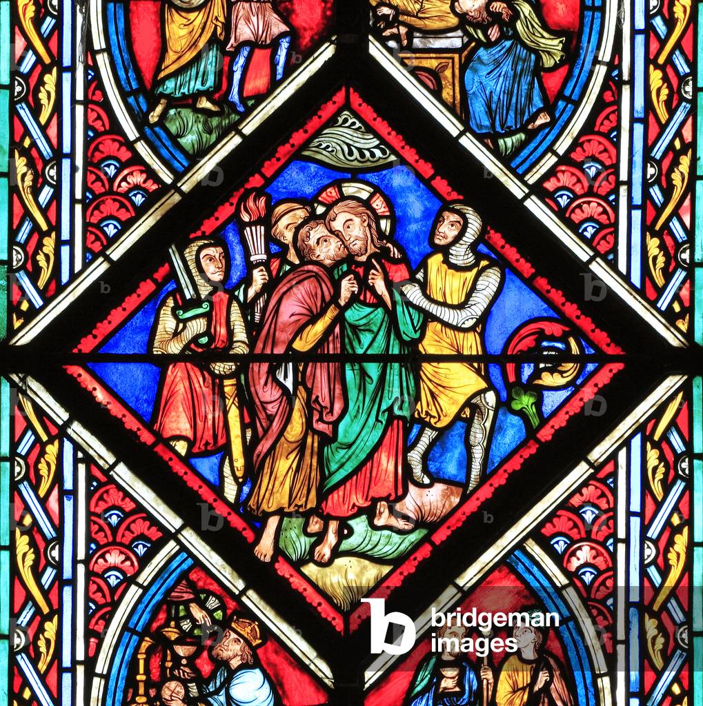 Judas betrays Jesus, with a kiss, in the Garden of Gethsemane, stained glass by Didron of Paris, 1860, Feltwell, Norfolk, detail from The Passion Window, The Easter Story, Kiss of Judas