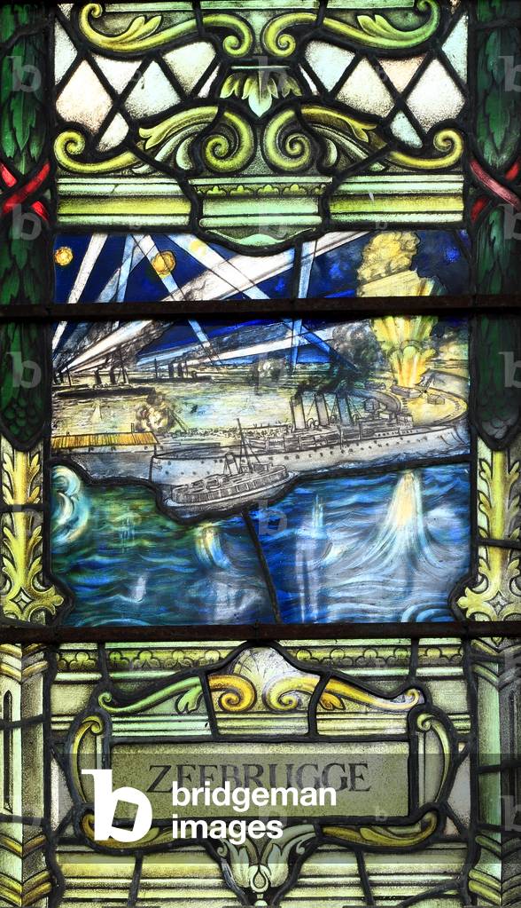 First World War scene, stained glass window, Zeebrugge, by William Morris & Co, 1918, Swaffham, Norfolk, England, UK