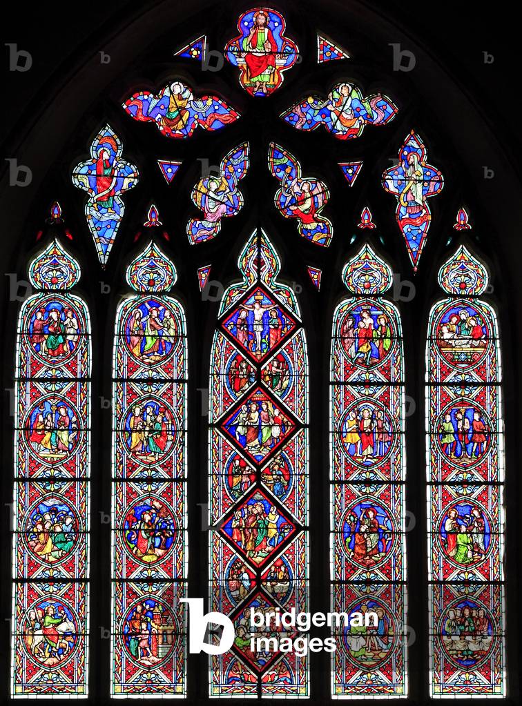 The Passion Window, passion scenes, stained glass window, by Adolph Didron of Paris, 1860, Feltwell Church, Norfolk, England, UK, The Story of Easter