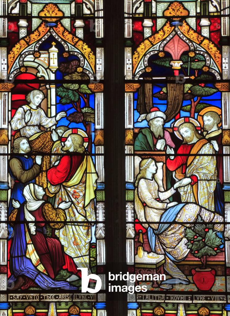 Miracles of Jesus, Say Unto Thee Arise, Talitha Koum, Jairus' daughter, stained glass window by Heaton, Butler & Bayne, 1878, Swaffham, Norfolk, England, UK