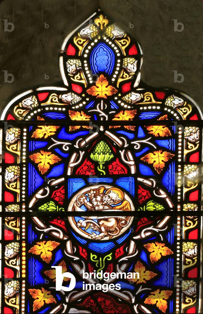 Symbol of St. Mark the Evangelist, Winged Lion, stained glass window by William Warrington, 1856, Field Dalling, Norfolk, England (photo)