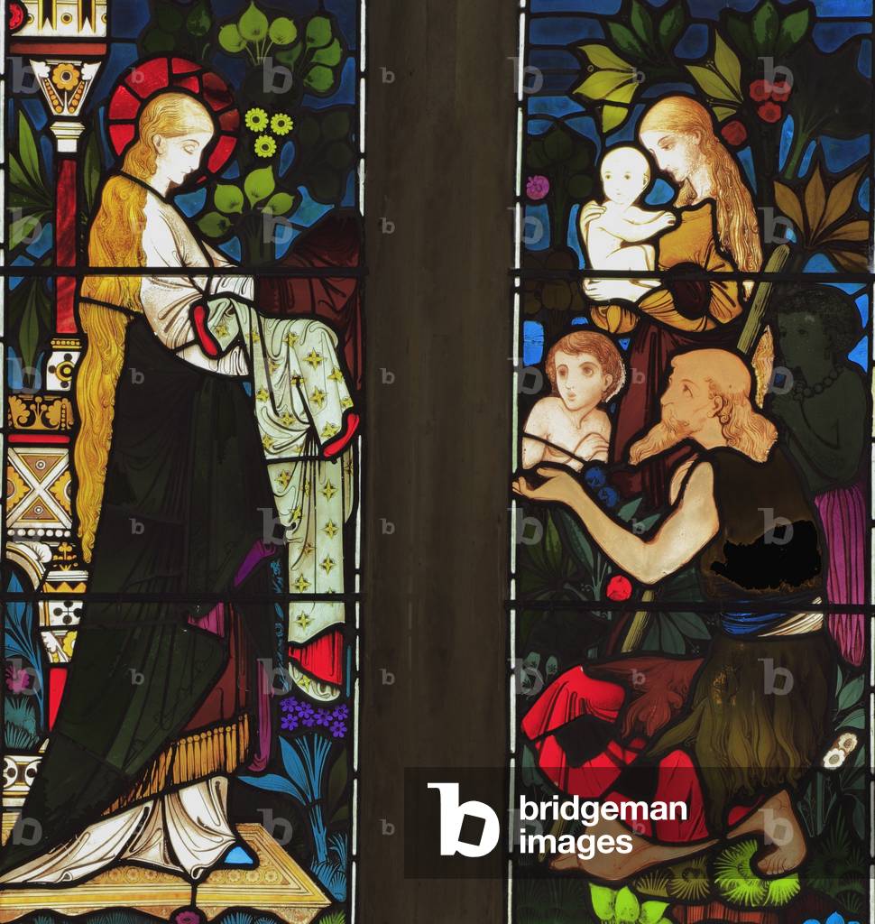 Acts of Mercy,  Clothing the Naked, stained glass window, Heaton Butler & Bayne, 1863, Dunton, Norfolk, England, UK