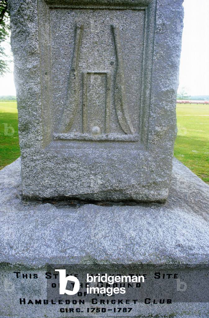 Stone marking the site of Hambledon Cricket Club, Broadhalfpenny Down, Hampshire (photo)