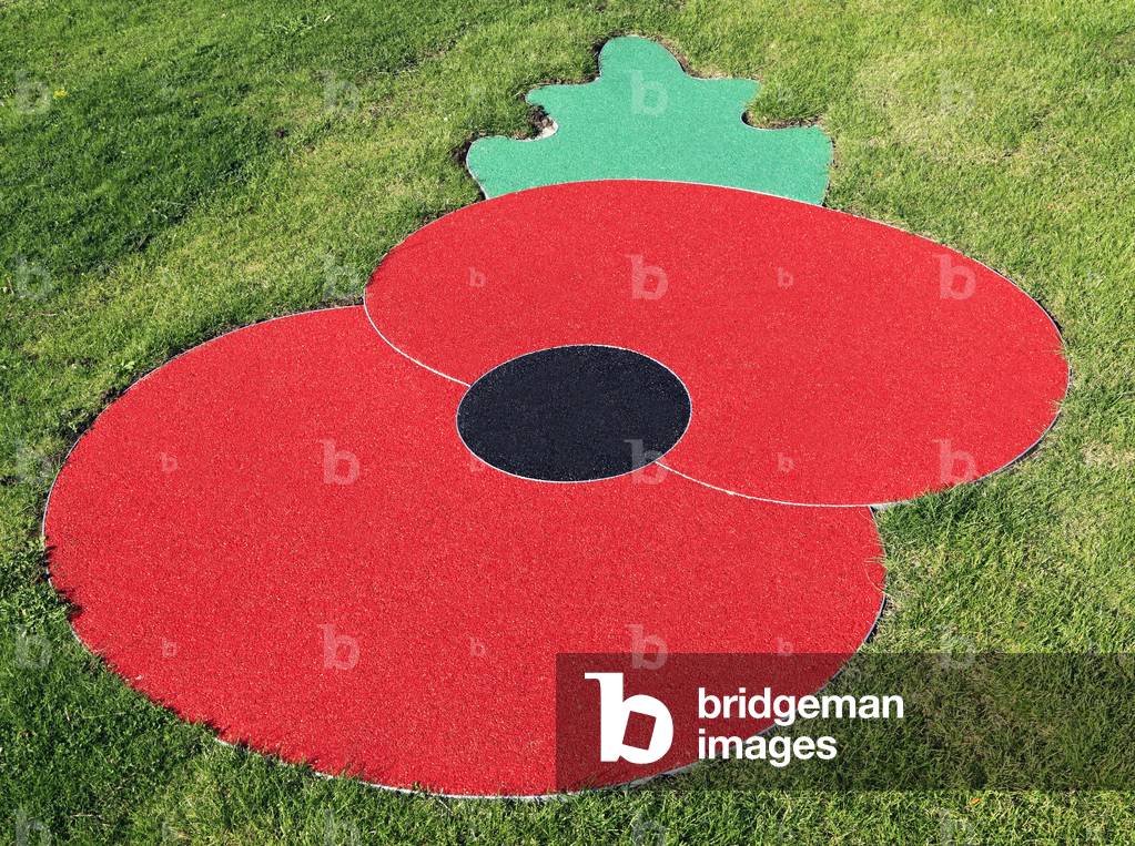 Remembrance Day Poppy, logo, symbol, set in turf, lawn, grass, Hunstanton, Norfolk, England, UK