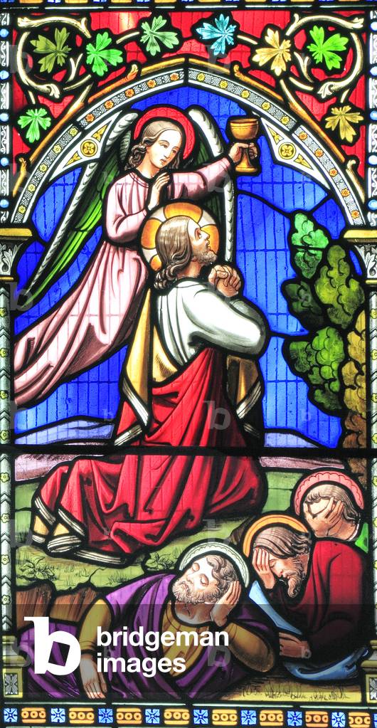 Story of Easter, Jesus prays in the Garden of Gethsemane, by Mount of Olives, while Disciples sleep, stained glass window by William Warrington, 1854, Gunthorpe, Norfolk, England, UK