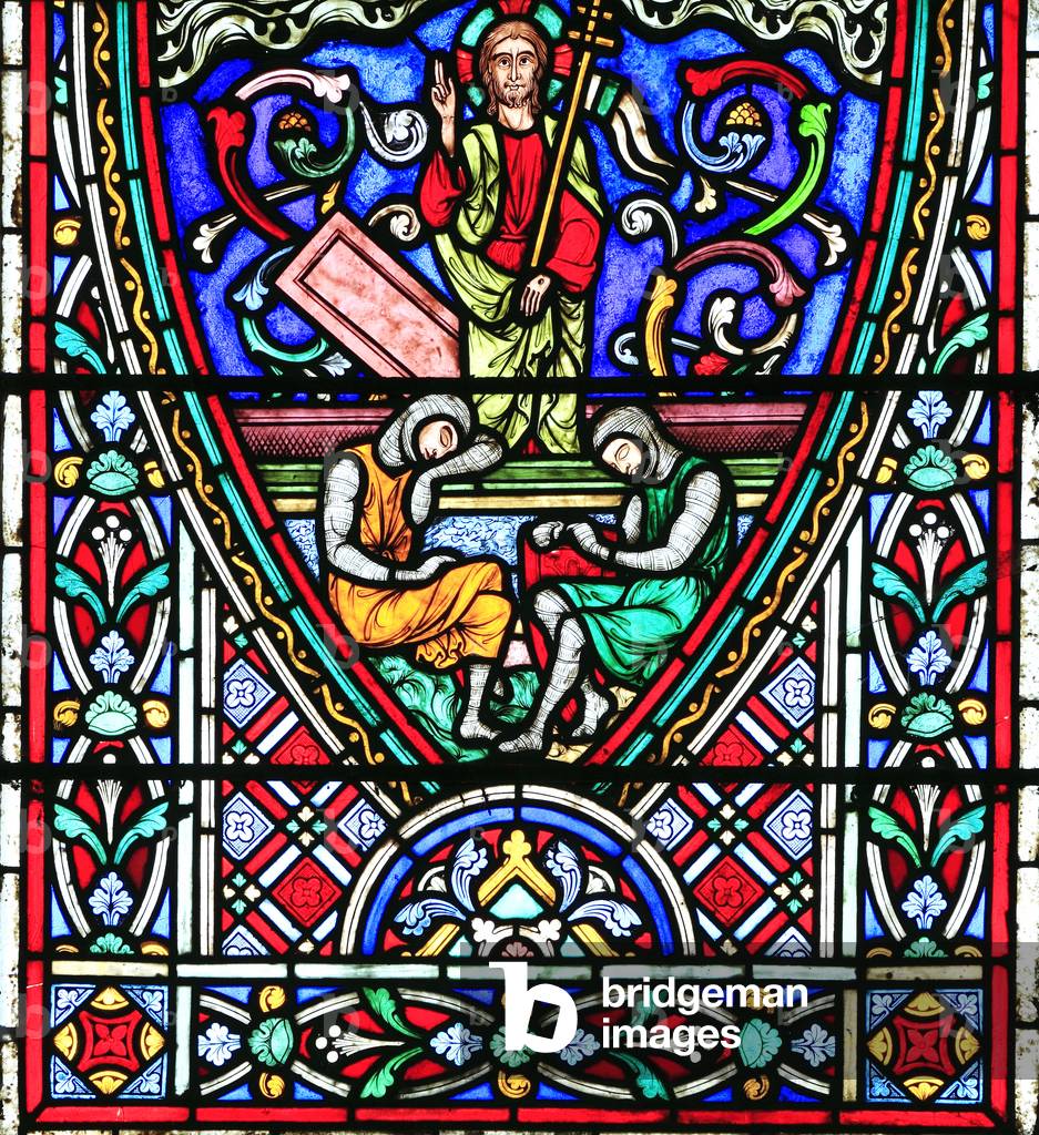 Resurrection Of Christ, while Roman guards sleep, stained glass window by Didron of Paris, 1860, Story of Easter, Feltwell, Norfolk, England, UK