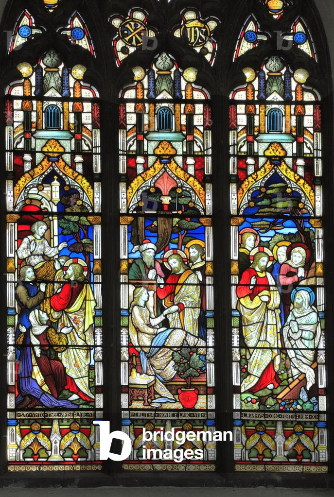 Miracles of Jesus, Say Unto Thee Arise, Jairus' daughter,Talitha Koum, Lazarus Come Forth, stained glass window by Heaton, Butler & Bayne, 1878, Swaffham, Norfolk, England, UK