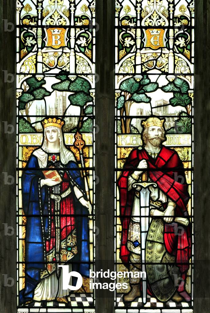 Queen Bertha of Kent and King Edwin of Northumbria, from St. Nicholas Church, Blakeney, Norfolk, 1900 (stained glass)