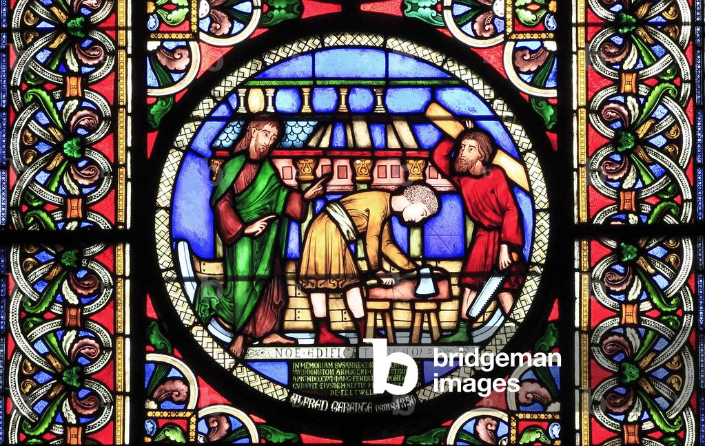 Noah and The Ark, stained glass window by Alfred Gerente, 1849, Ely Cathedral, Cambridgeshire