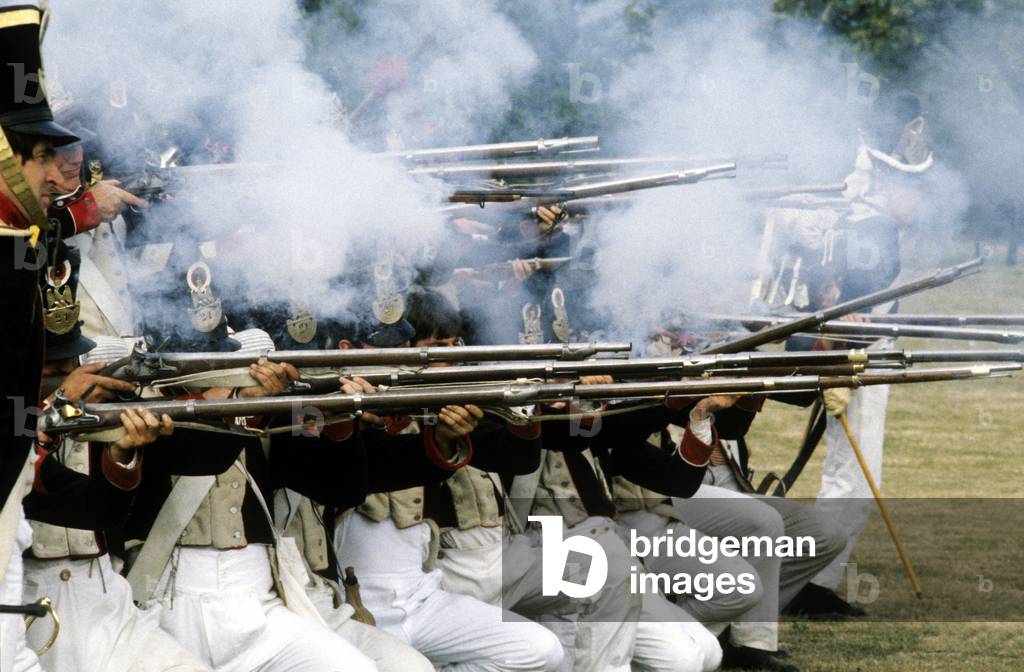 Historical re-enactment of French Napoleonic riflemen in battle, as deployed at Waterloo, 1815 (photo)