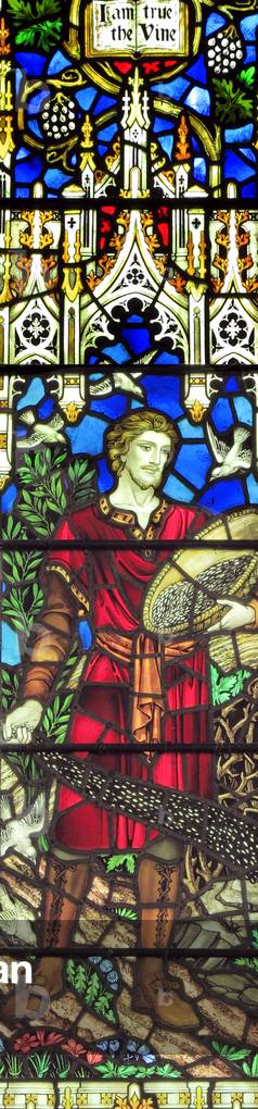 Jesus Christ as The Sower, 'I am the True Vine', stained glass window by J. Powell & Son, 1920, Saxlingham, Norfolk, England, UK